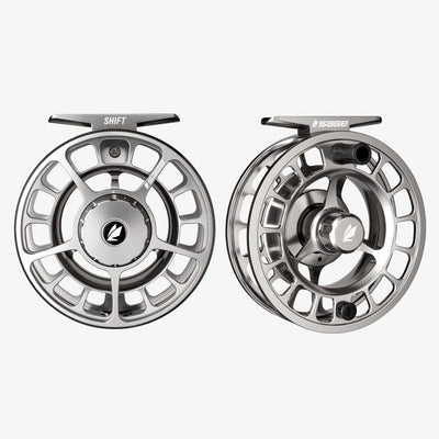 Sage Shift Fly Reel Platinum finish front and rear views