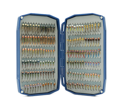 Umpqua UPG Silicone Dual Essential Mini Fly Box in Blue, open and filled with assorted trout nymph flies secured in silicone slots.