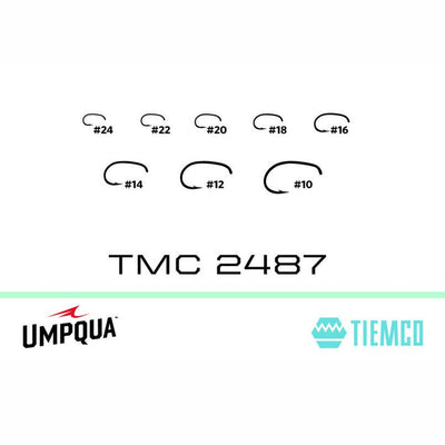 Tiemco TMC 2487 fly tying hooks shown in eight sizes from 10 through 24 with curved shanks and wide gapes.