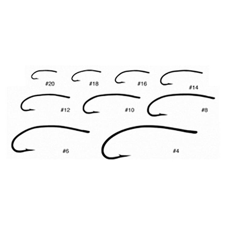Tiemco TMC 200R nymph and dry fly hook size comparison showing curved hook profiles from size 4 through size 20.