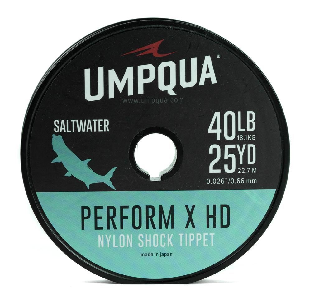 Umpqua Perform X HD Saltwater Shock Tippet spool, clear heavy-duty nylon for saltwater fly fishing.